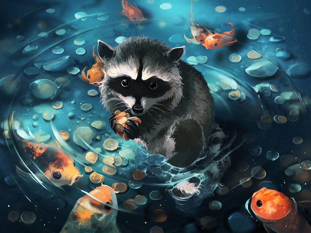 Wallpaper Raccoon, Art, Coins, Water - Енот На Рабочий Стол - HD Wallpaper 