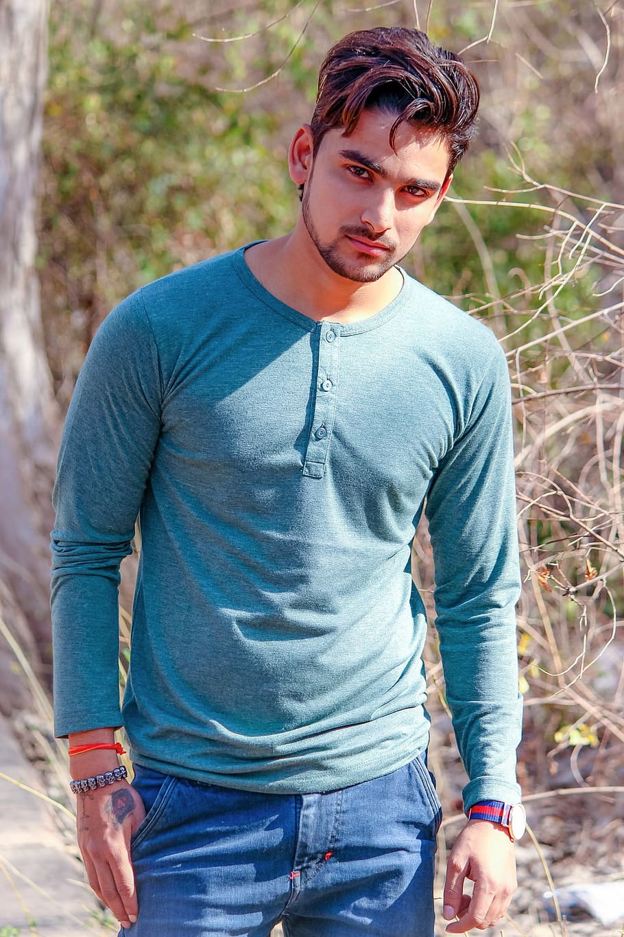 Man Wearing Blue Henley Shirt, India, Male Model, Outdoors, - HD Wallpaper 