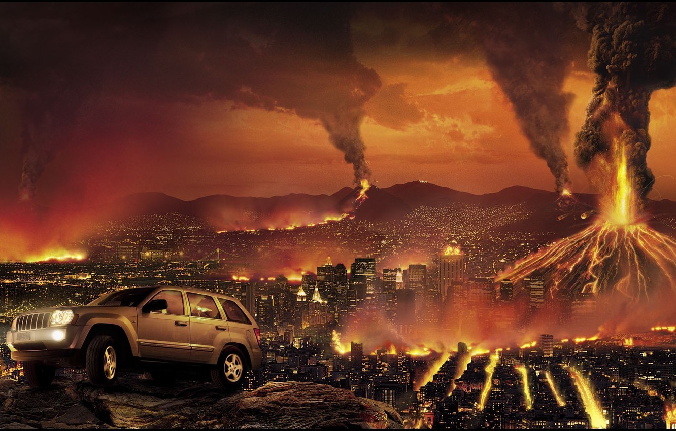 Photo Wallpaper The City, Fire, Apocalypse, Building, - Volcano In A City - HD Wallpaper 