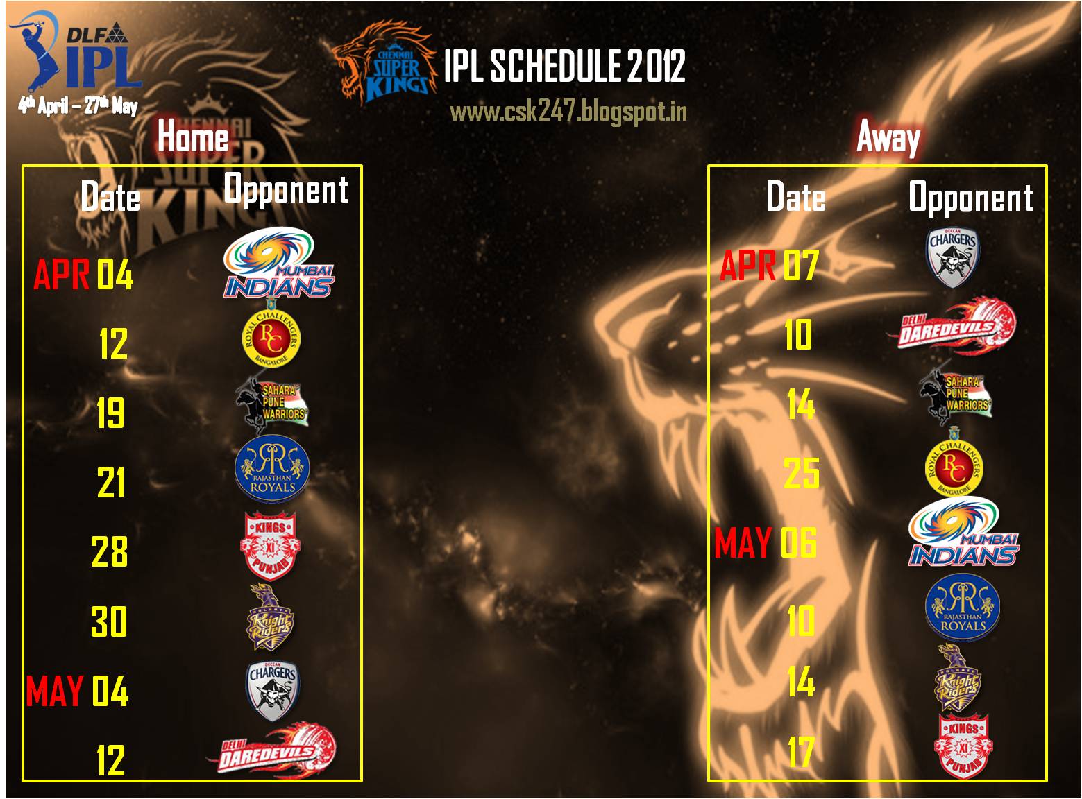 Csk Ipl 2012 Schedule Card - Chennai Super Kings - HD Wallpaper 