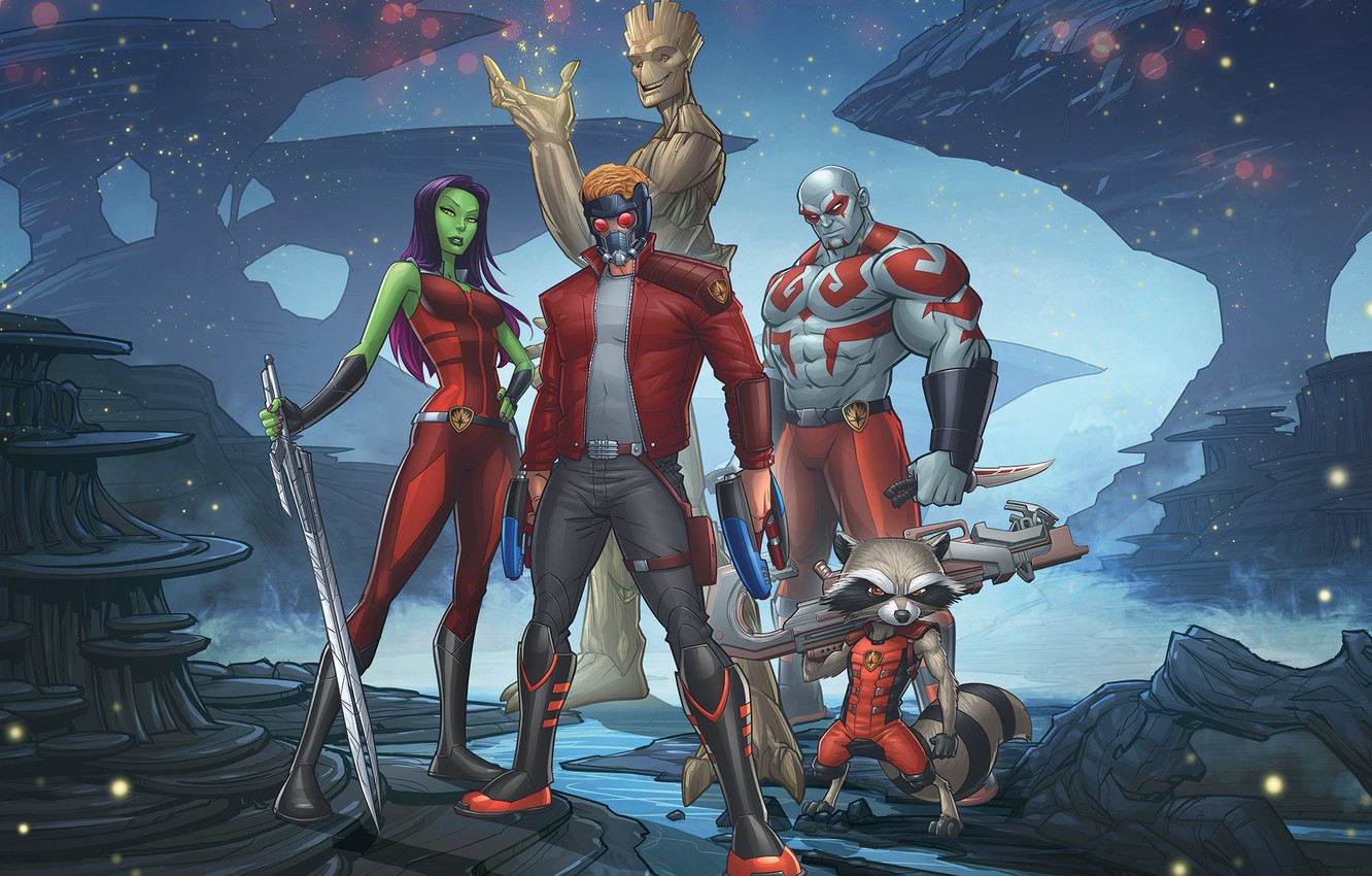 Photo Wallpaper Sword, Heroes, Weapons, Mask, Rocket, - Guardians Of The Galaxy Drawing - HD Wallpaper 