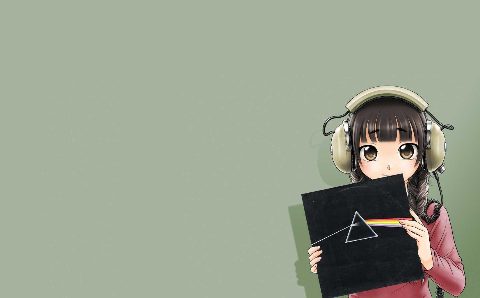 Wallpaper Anime, Girl, Headphones, Record, Smile, Music, - Anime Dark Side Of The Moon - HD Wallpaper 