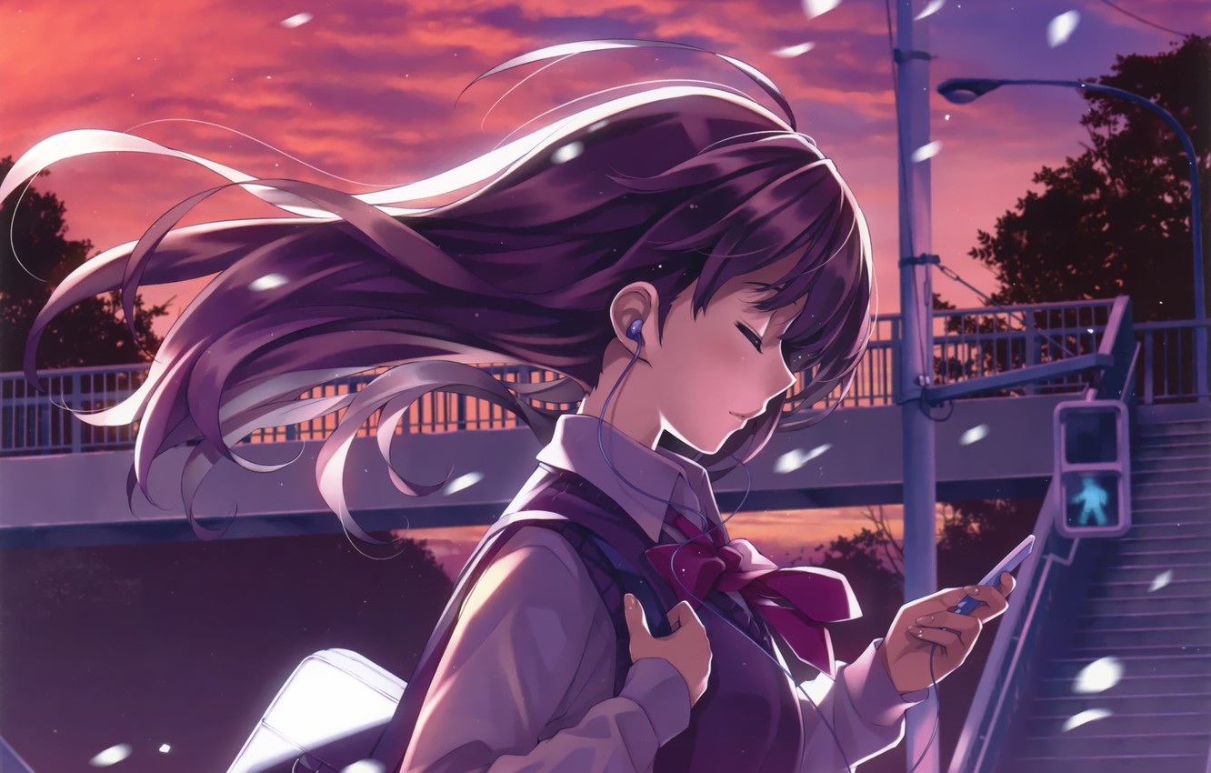 Photo Wallpaper The Sky, Girl, Sunset, Wire, Anime, - Anime Girl With Earphone - HD Wallpaper 