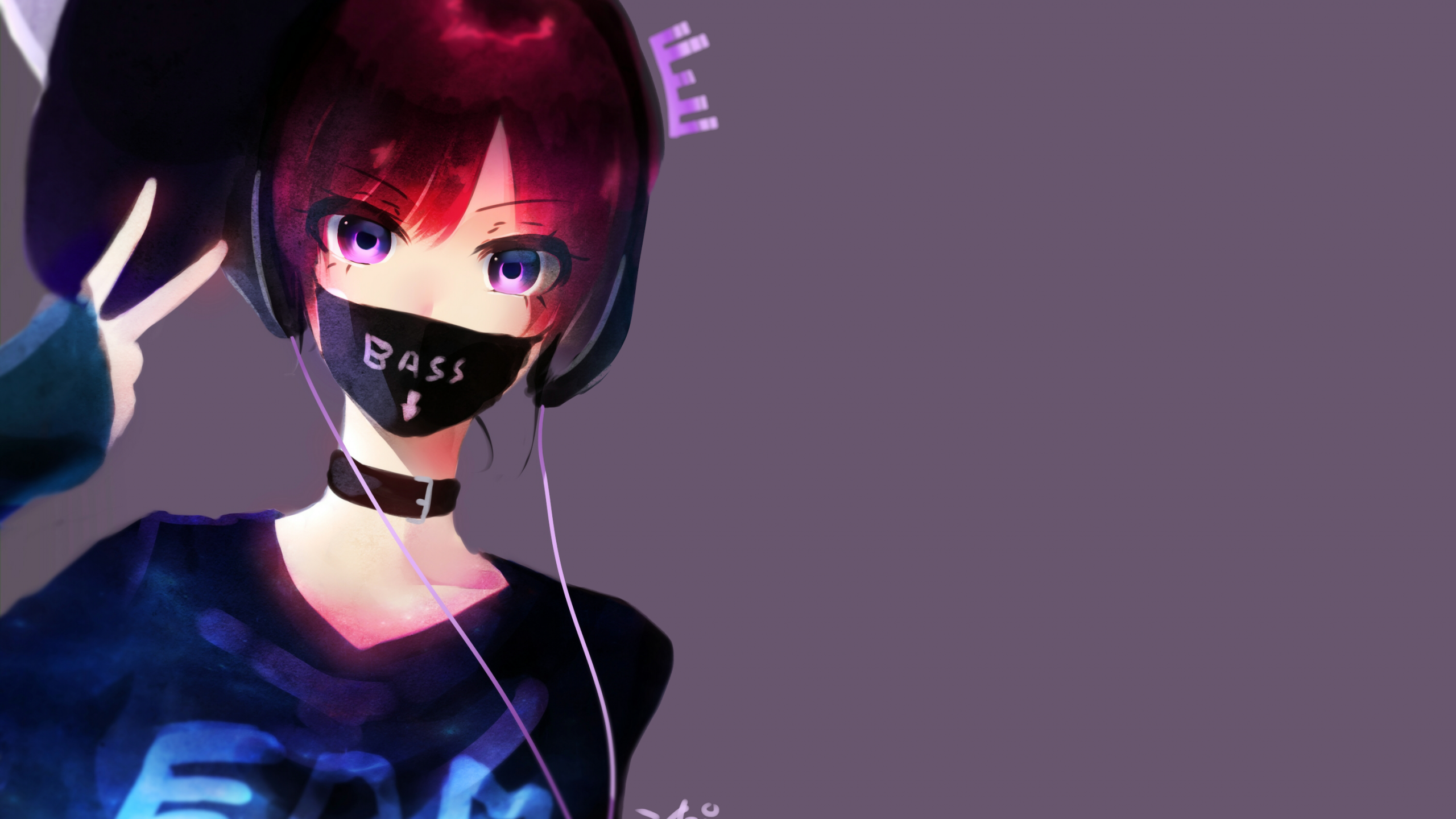 Anime Girl, Mask, Redhead, Headphones - 2560x1440 Wallpaper 