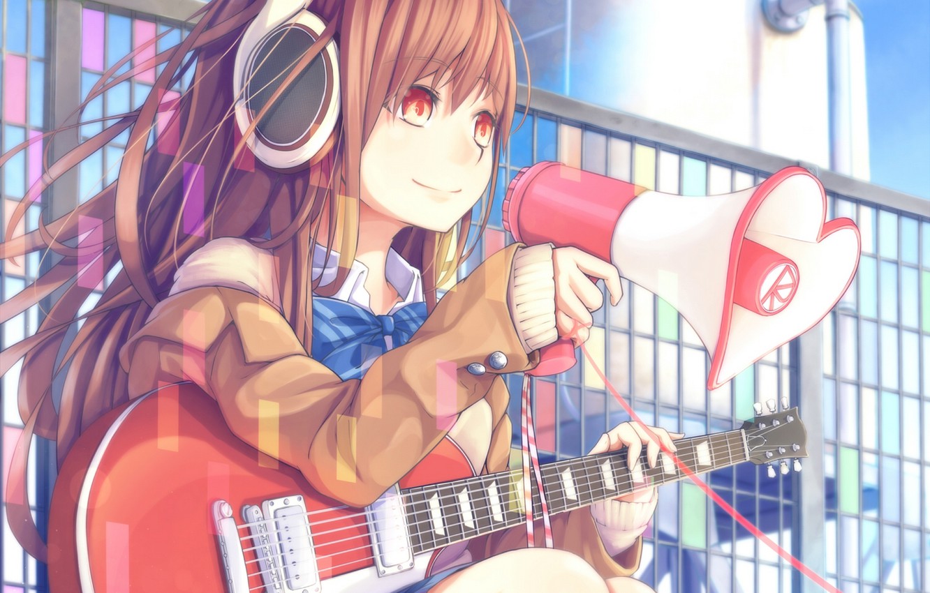 Photo Wallpaper Girl, Guitar, Anime, Headphones, Art, - Anime Girls With Guitar And Headphone - HD Wallpaper 