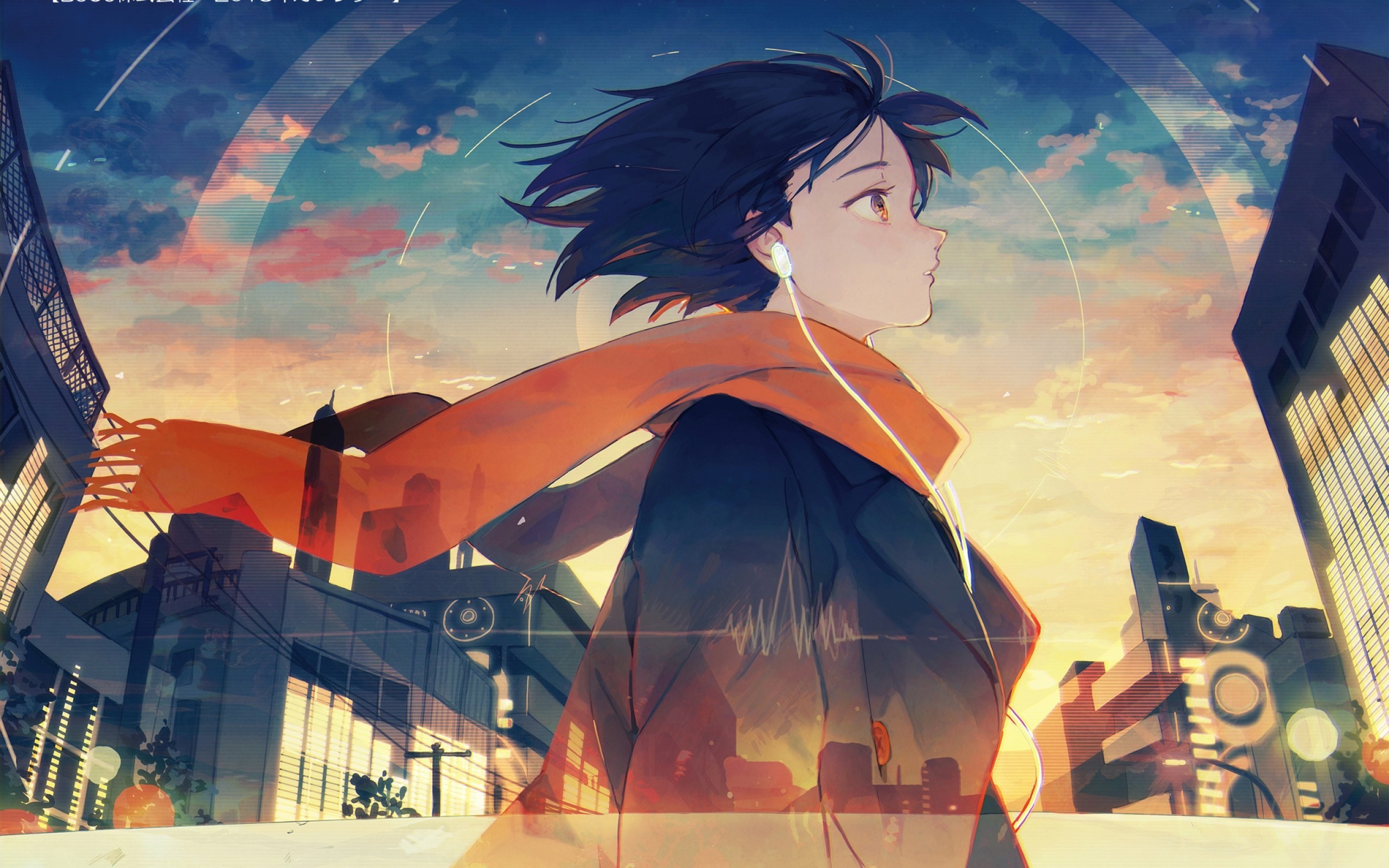 Anime Girl, Scarf, Earphone, Buildings, Profile View - HD Wallpaper 