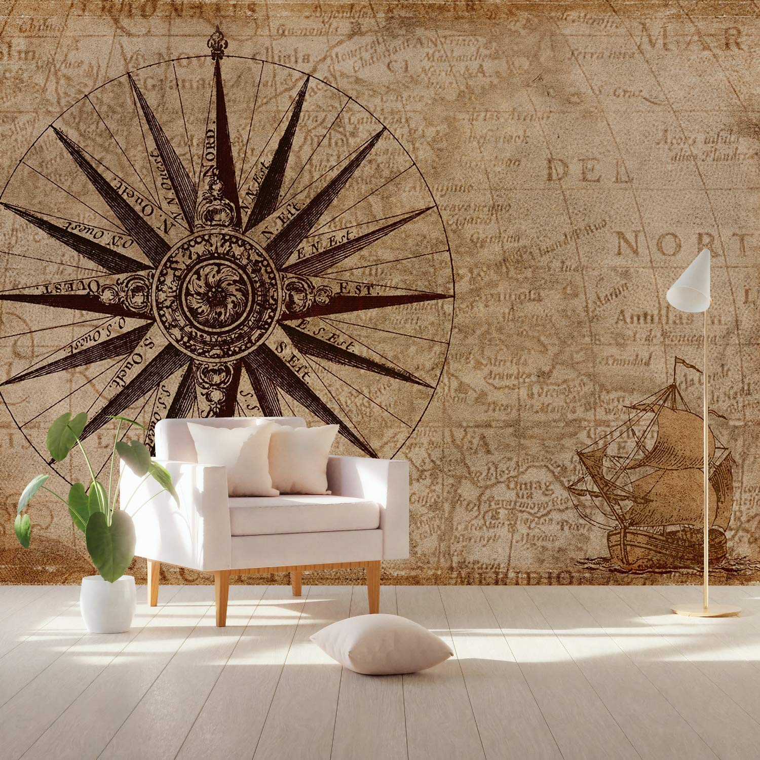 Murwall Map Wallpaper Compass Wall Mural Vintage Map - Compass Map - HD Wallpaper 