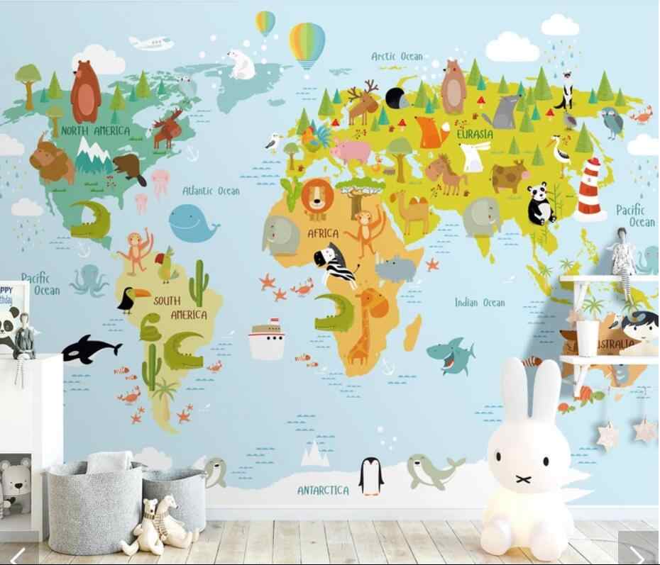 3d Carton Animal World Map Wallpaper Wall Mural Decals - Animal Wallpaper Art Nursery - HD Wallpaper 