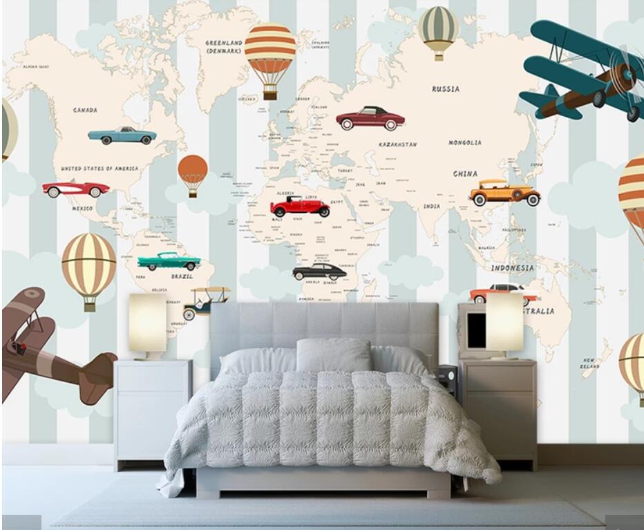 3d Carton Air Hot Balloons Airplane World Map Wallpaper - Wallpaper - HD Wallpaper 