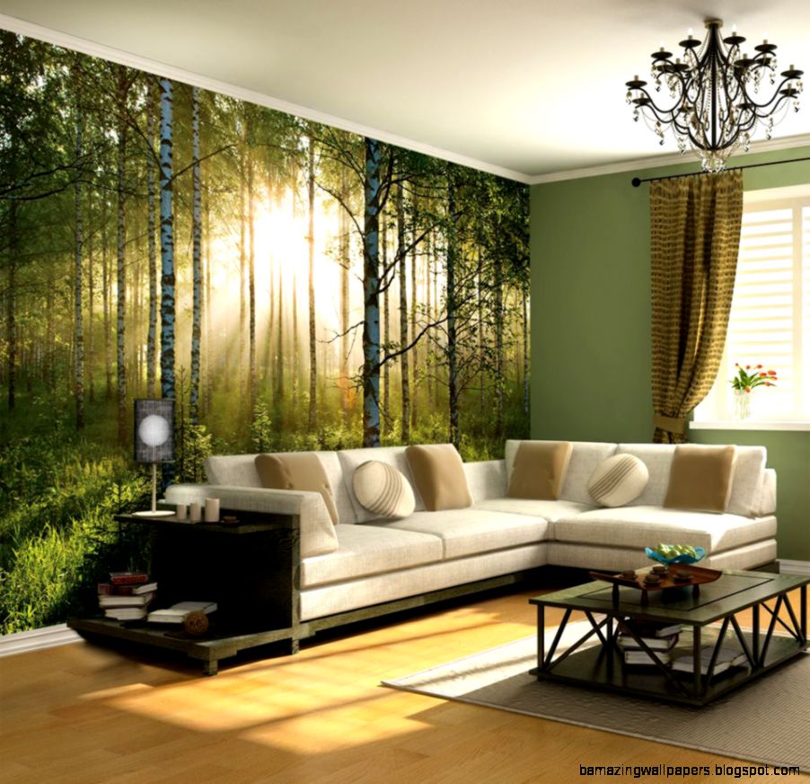 Download Forest Wallpaper Home Decor Sunrise In The - Living Room With A Forest Mural - HD Wallpaper 