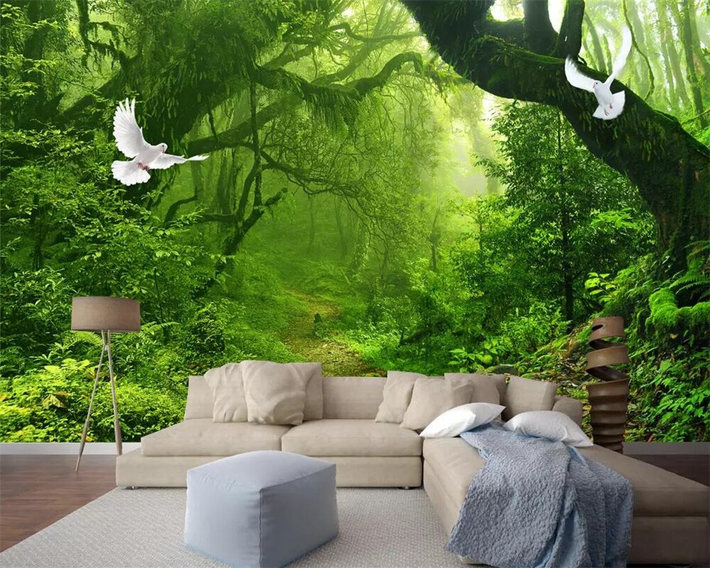 Beibehang Custom 3d Fresh Green Forest Big Tree Photo - Wallpaper - HD Wallpaper 