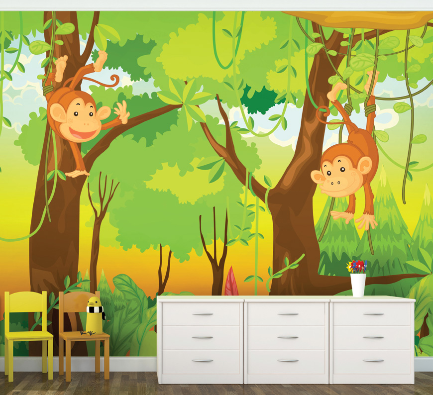 Monkeys In The Jungle Children S Wall Mural - Kids Jungle Mural - HD Wallpaper 