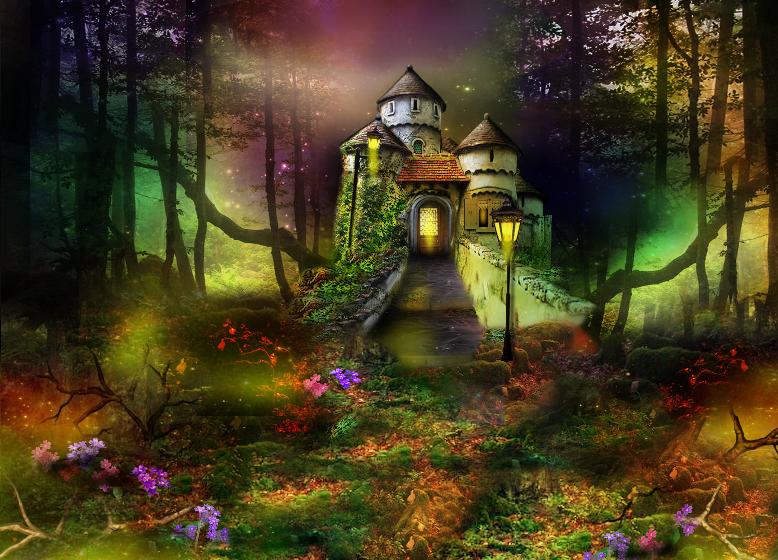 Artistic Fantasy Castle Forest Lantern Flower Wallpaper - Fantasy Forest - HD Wallpaper 