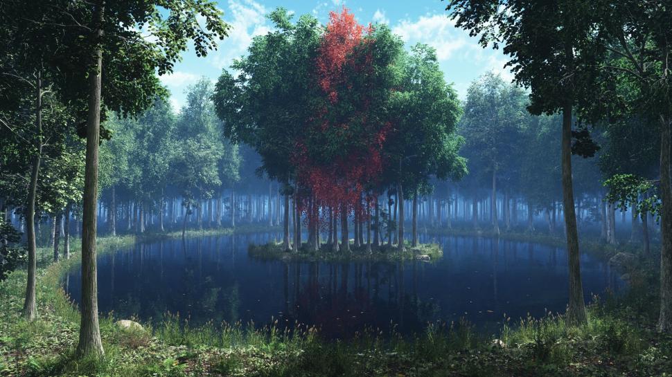 Beautiful Render Scenery, Lake, Island, Trees, Forest - HD Wallpaper 