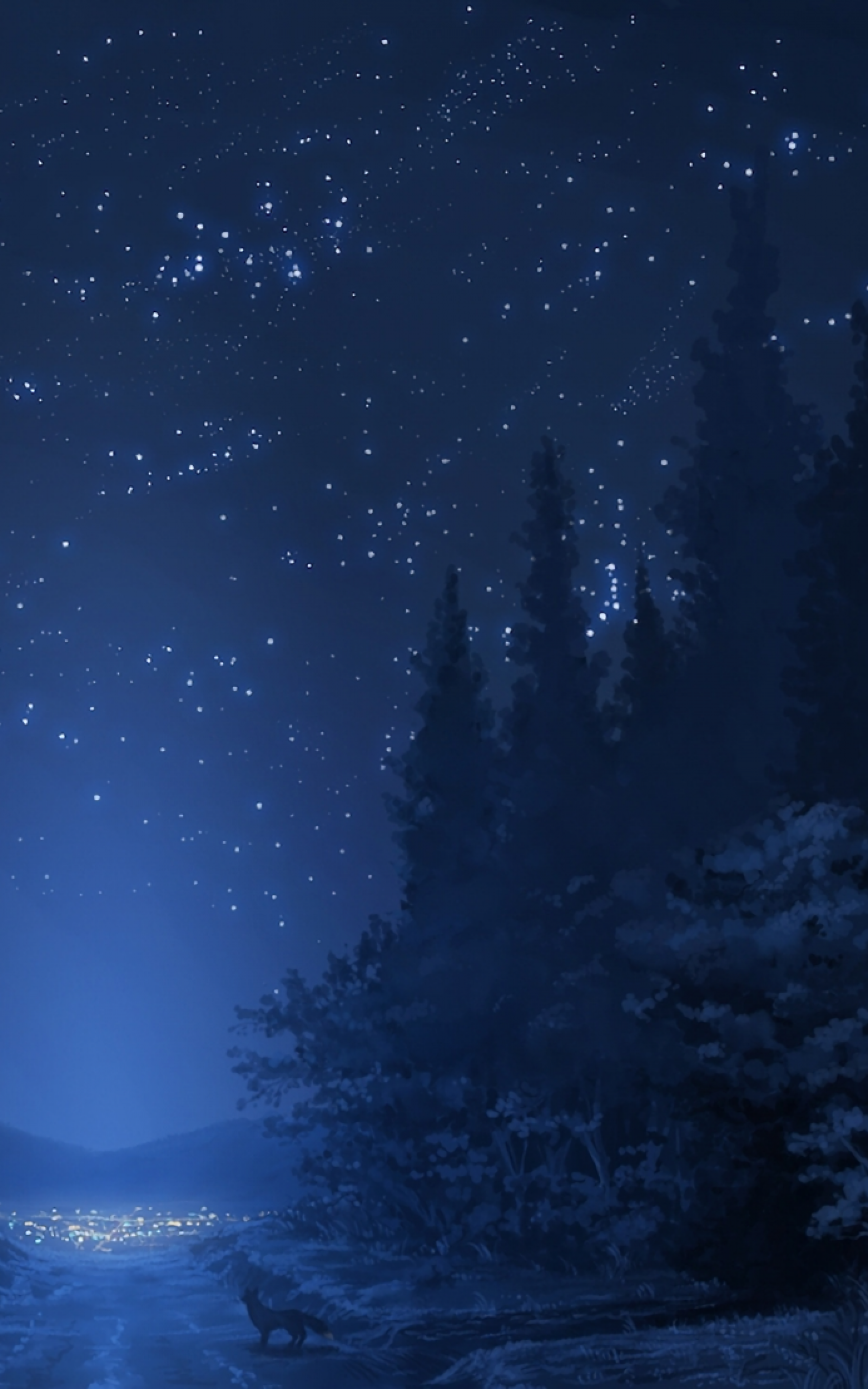 Anime Landscape, Forest, Night, Stars, Wolf - HD Wallpaper 