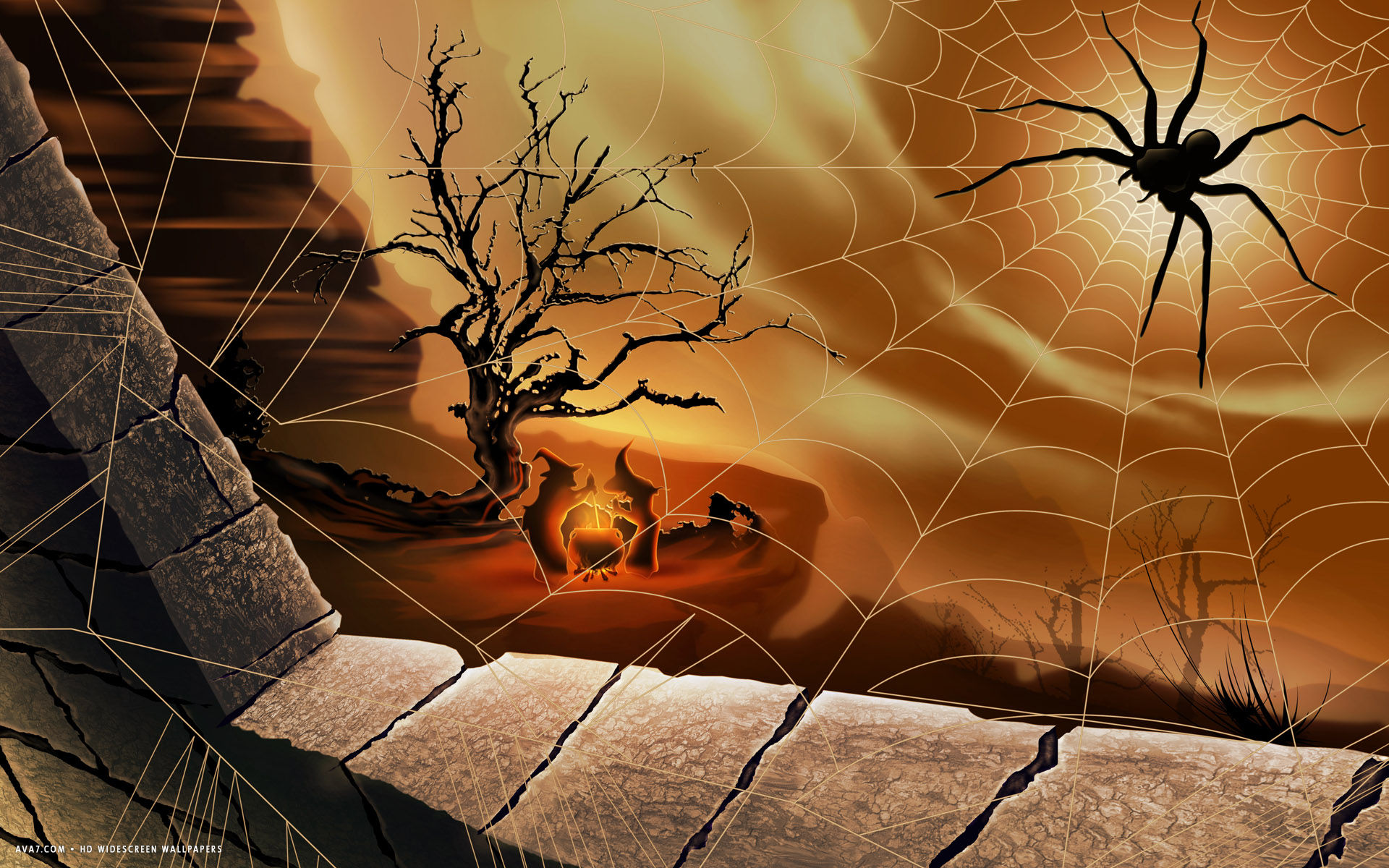 Halloween Spider Net Sun Witches Fire Night Forest - Halloween Wallpaper Vintage - HD Wallpaper 