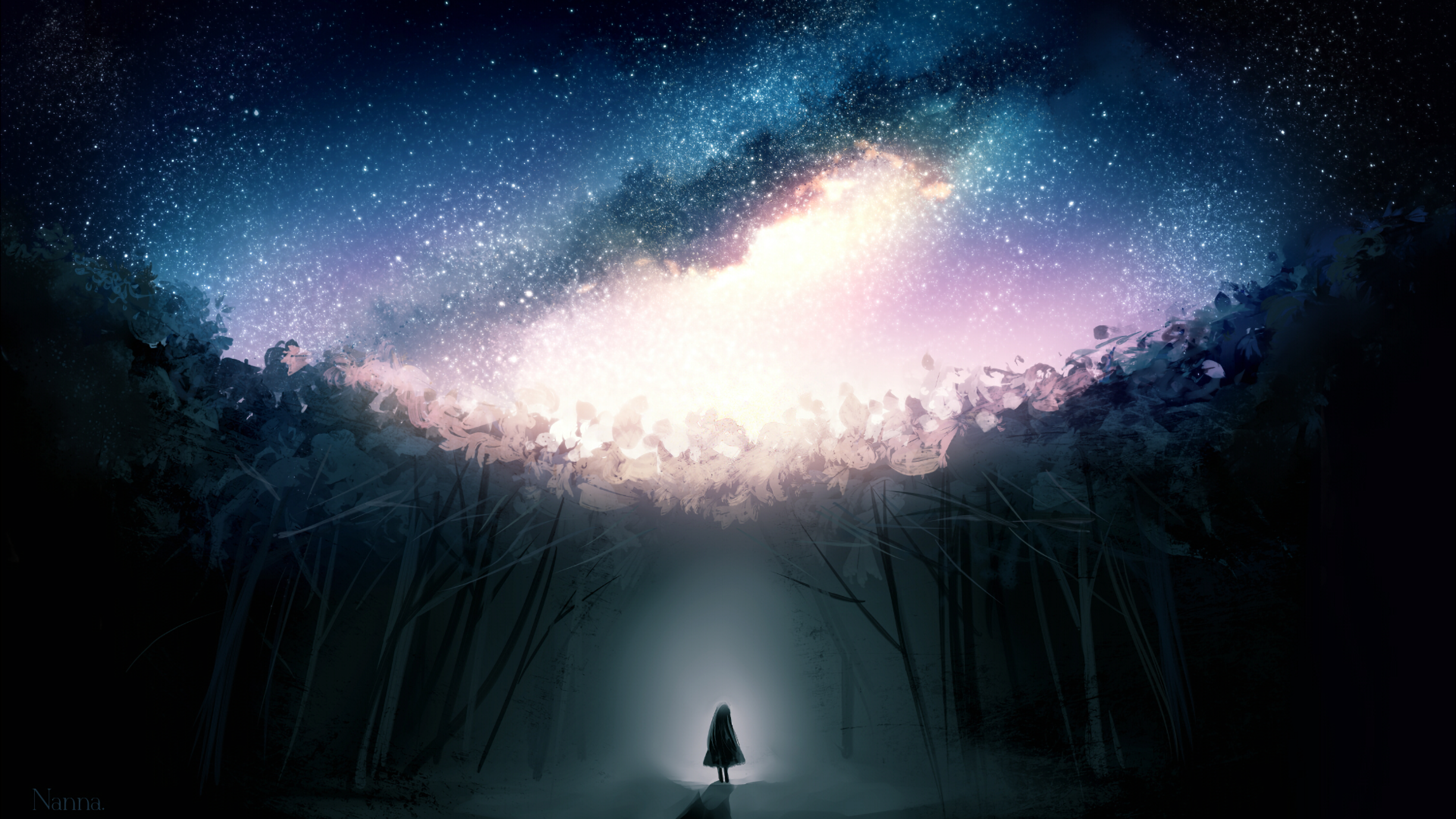 Stars, Dark Forest, Fantasy Girl, Alone - Girl Alone In The Galaxy - HD Wallpaper 