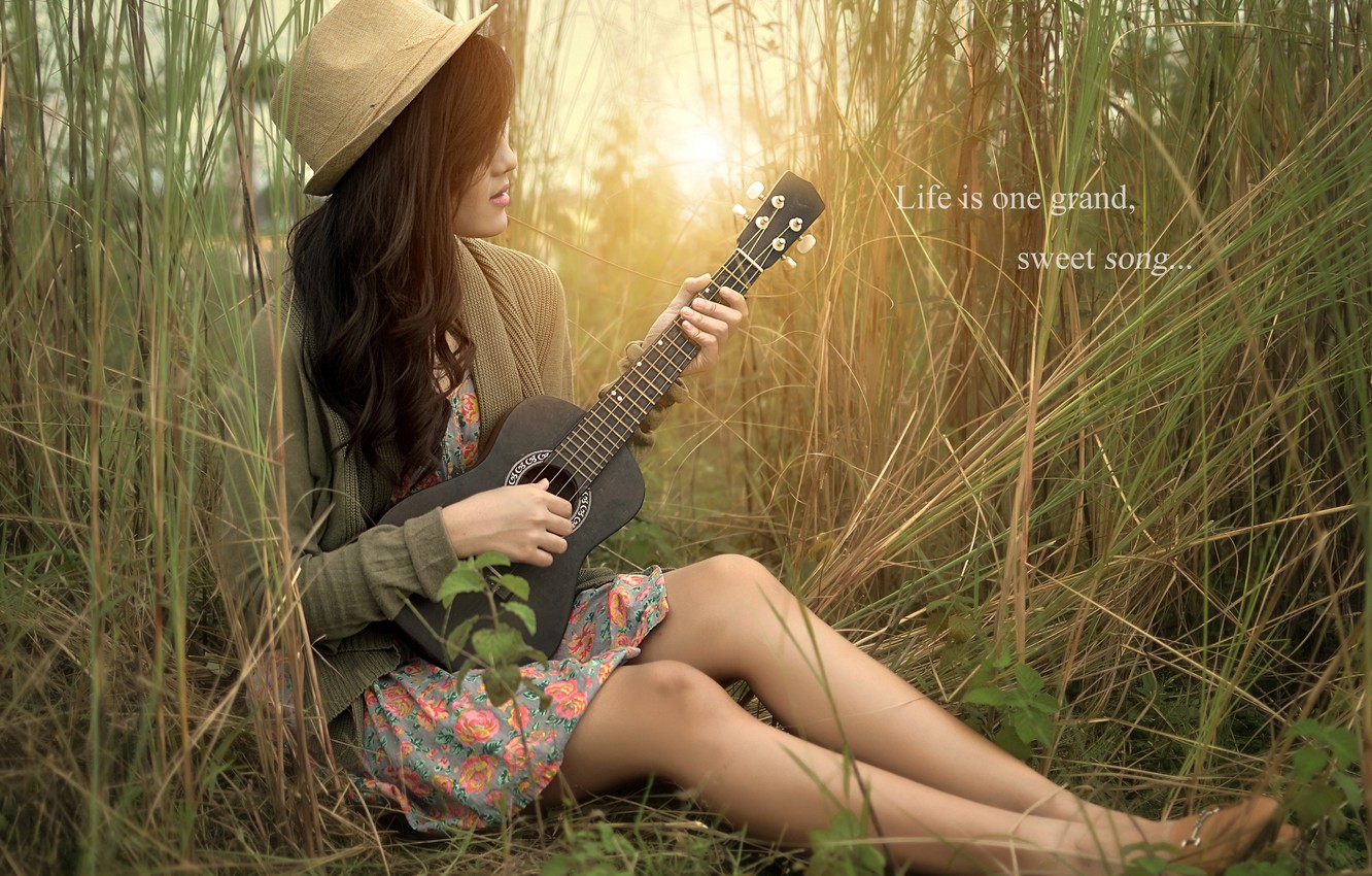 Photo Wallpaper Girl, Nature, Music, Guitar - Sweet Girl With Guitar - HD Wallpaper 