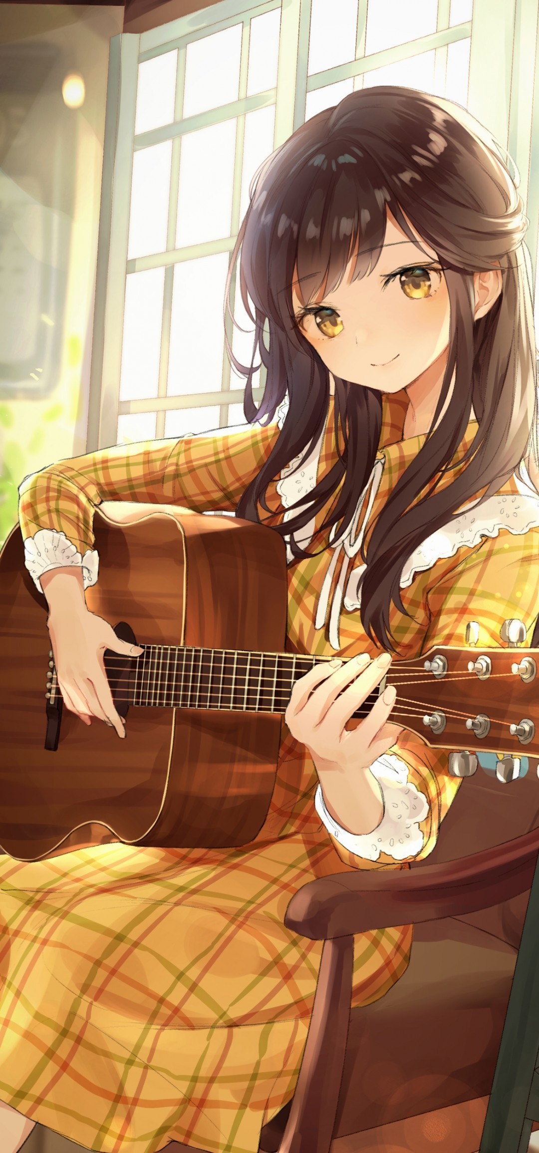 Anime Girl, Playing Guitar, Instrument, Music, Cute, - Beautiful Anime Girl With Brown Hair - HD Wallpaper 