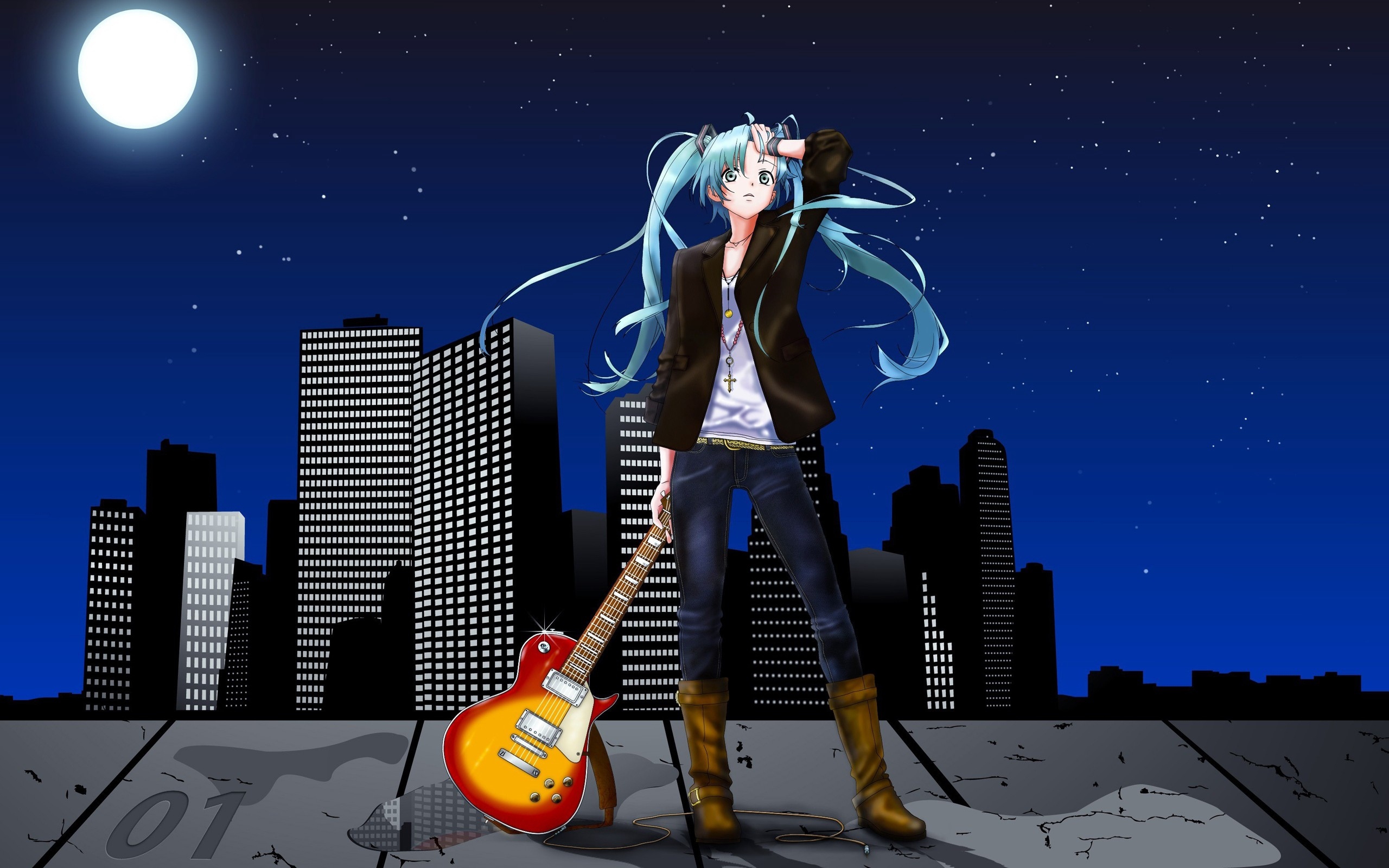 Wallpaper Girl, Guitar, Night, Moon, Sky, Scraper - Animes Tocando Guitarra Electrica - HD Wallpaper 