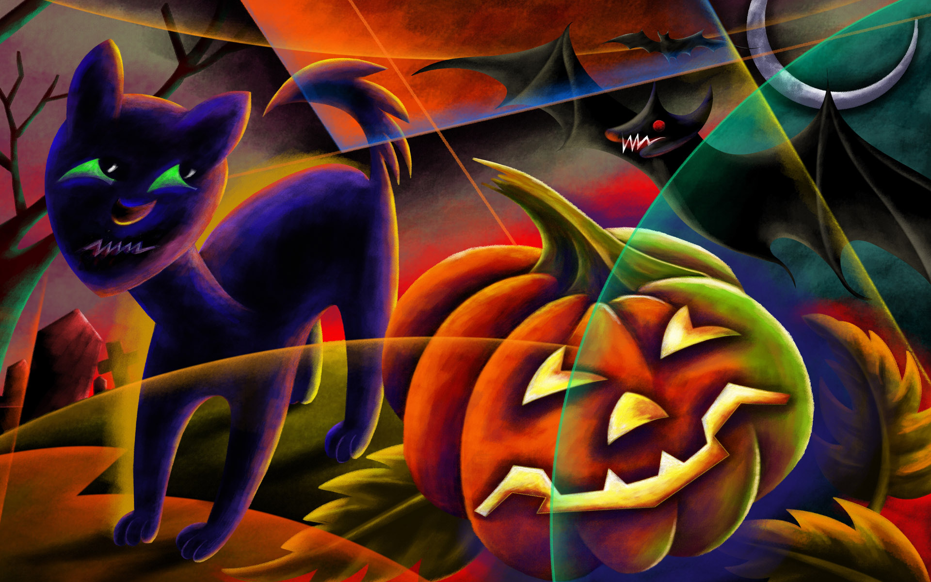 Halloween Wallpaper With Cats Bats Pumpkins Spider - HD Wallpaper 