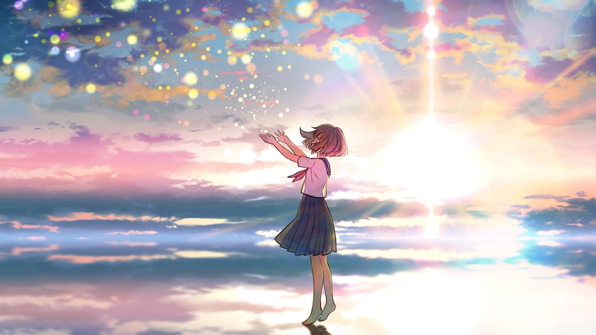 Outdoor, Colorful, Sky, Sunset, Original, Anime Girl, - Colorful Anime - HD Wallpaper 
