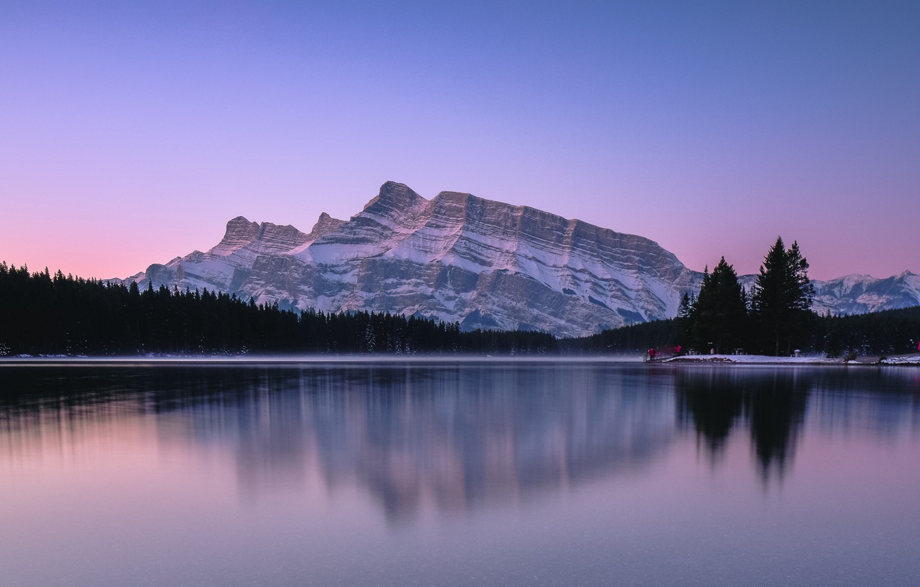 Photo Wallpaper Forest, Twilight, Sky, Sunset, Mountains, - Two Jack Lake - HD Wallpaper 