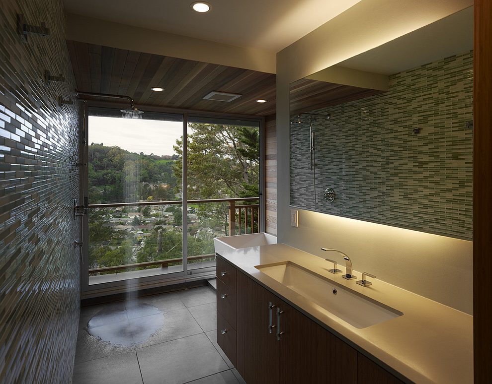 Lighting Design And Glass Tile Cedar Ceiling Floor - Bathroom - HD Wallpaper 
