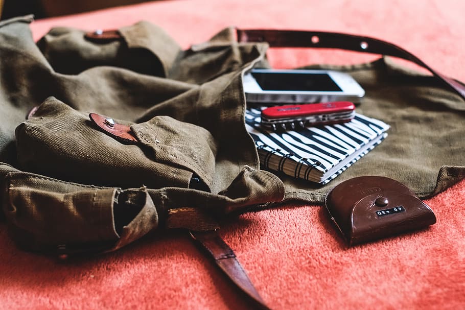 Notebook, Phone, And Multi-tool On Crossbody Bag, Backpack, - Telefono En La Mochila - HD Wallpaper 