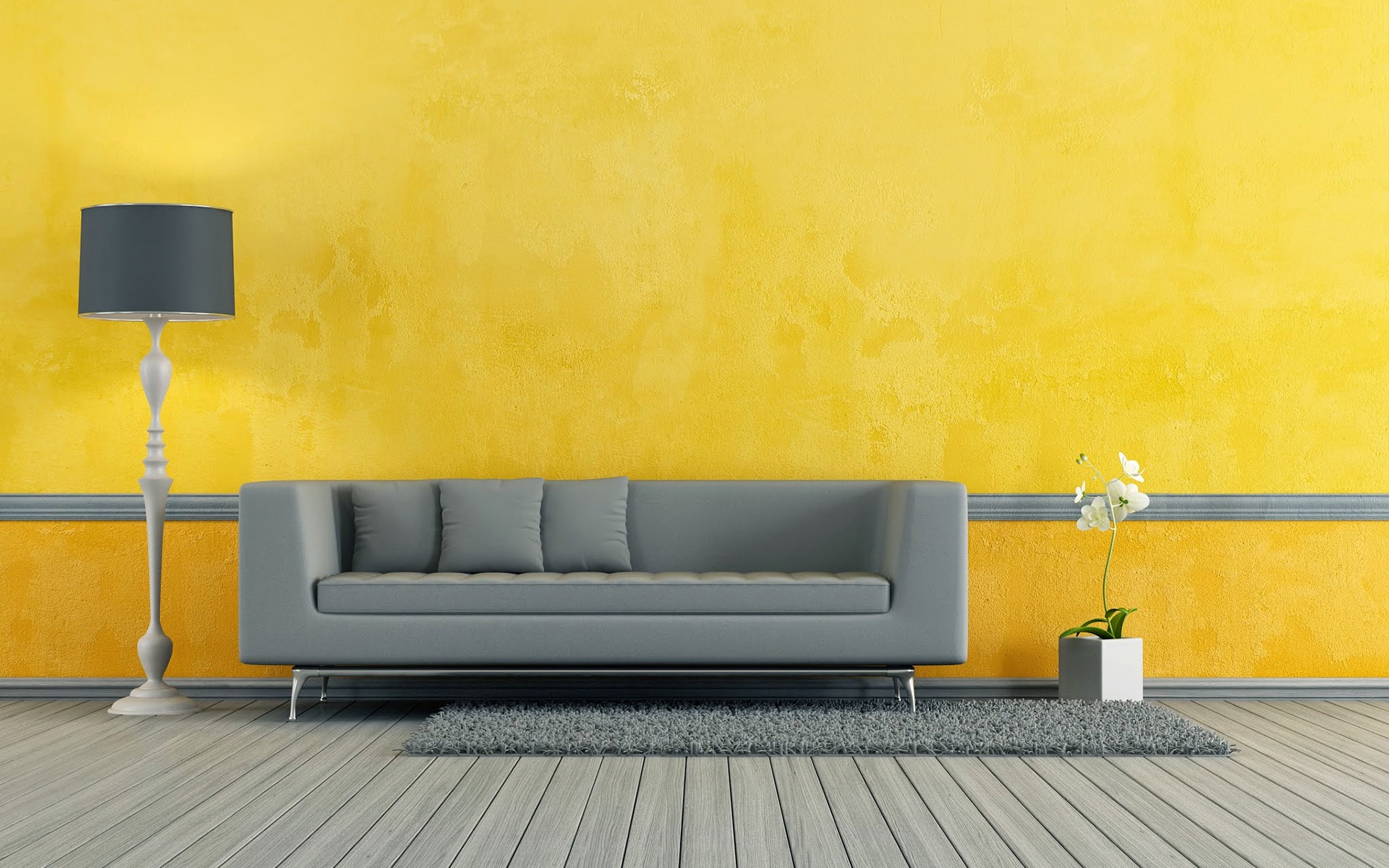 Stylish Interior, Living Room, Yellow Walls, Gray Sofa, - Graue Möbel Welche Wandfarbe - HD Wallpaper 