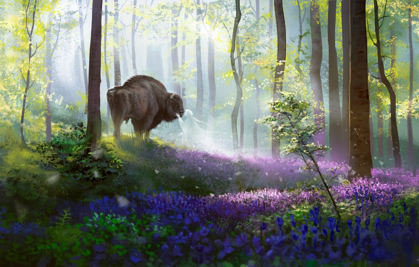Photo Wallpaper Forest, Nature, Spirit, Fantasy, Art, - Bison - HD Wallpaper 