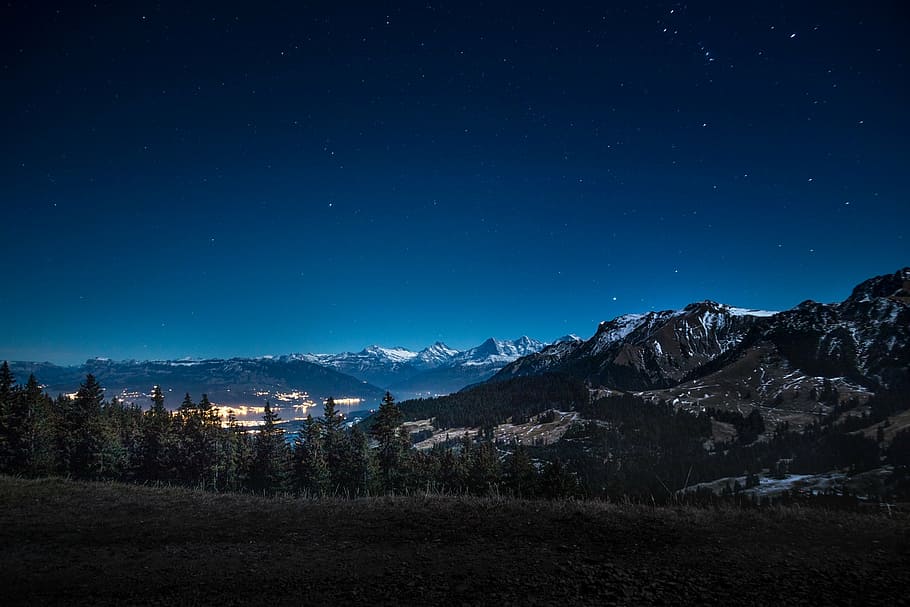 Mountain Range Under Blue Sky, Night, Mountains, City, - HD Wallpaper 
