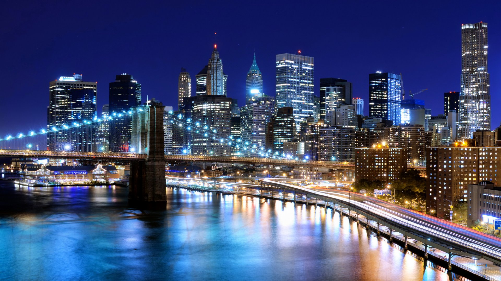 Usa Skyscrapers Rivers Bridges New York City Night - HD Wallpaper 
