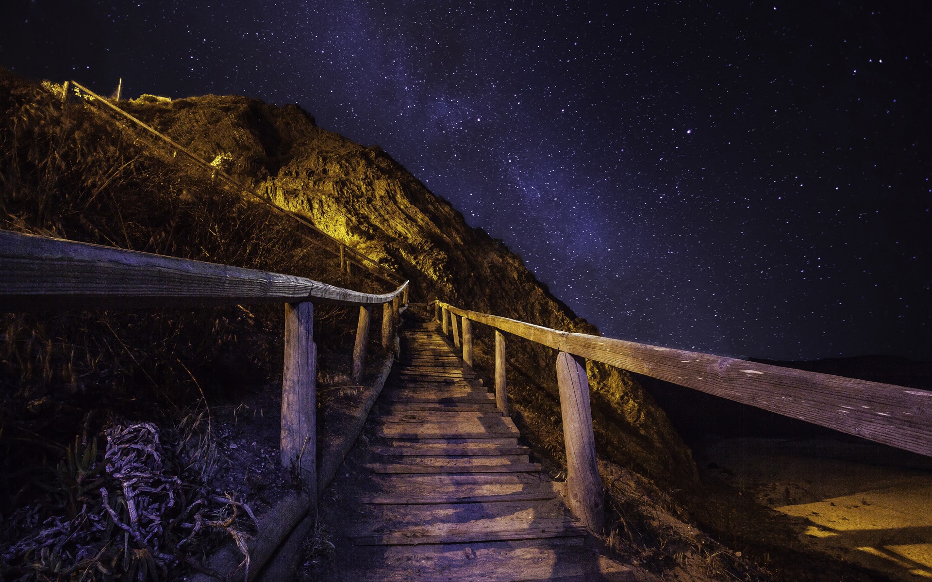 Wallpaper Night Mountain, Stairs, Railings, Stars - Mountain Stair In Night - HD Wallpaper 