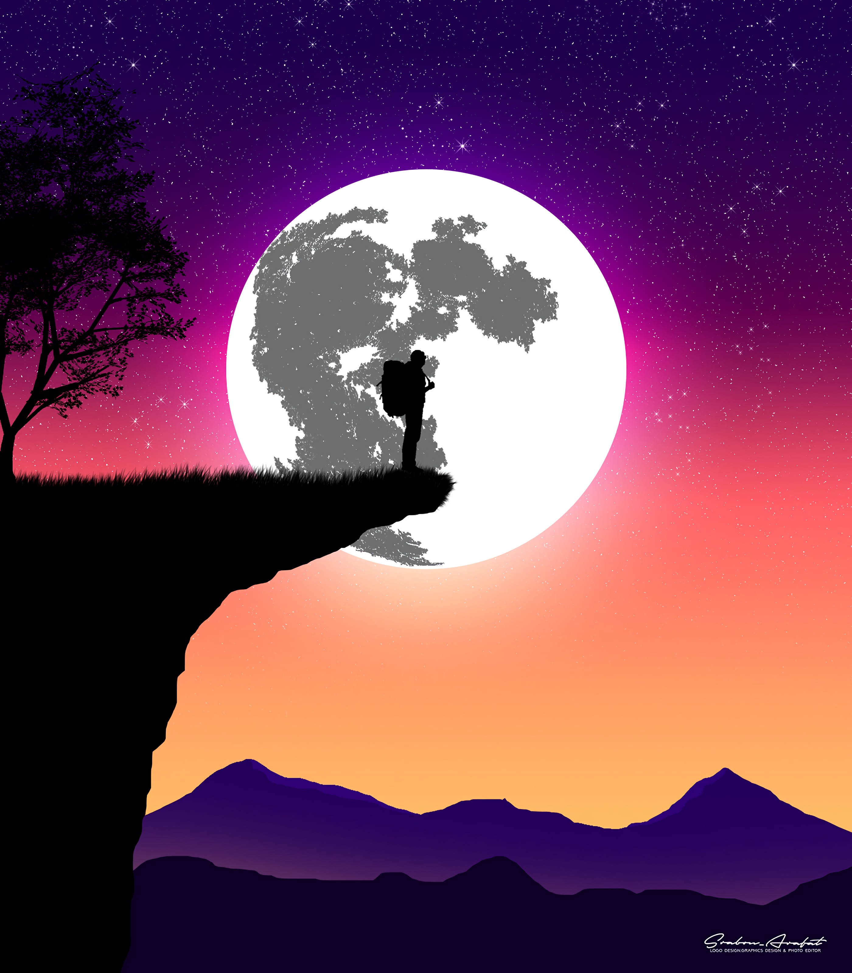 Wallpaper Silhouette, Moon, Art, Vector, Cliff, Night - Man On The Moon Art - HD Wallpaper 