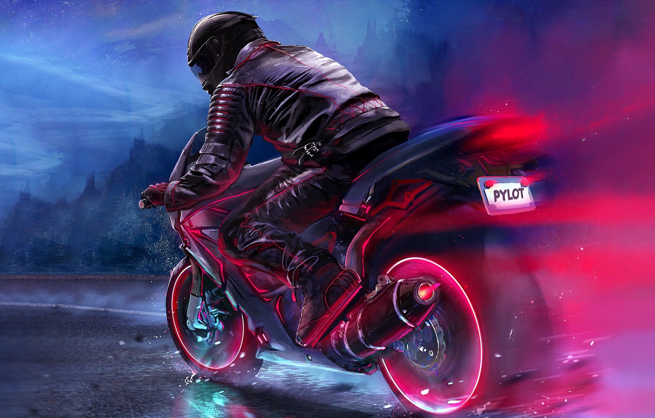 Photo Wallpaper Road, Neon, Motorcycle, Moto, Art, - Retrowave Biker - HD Wallpaper 
