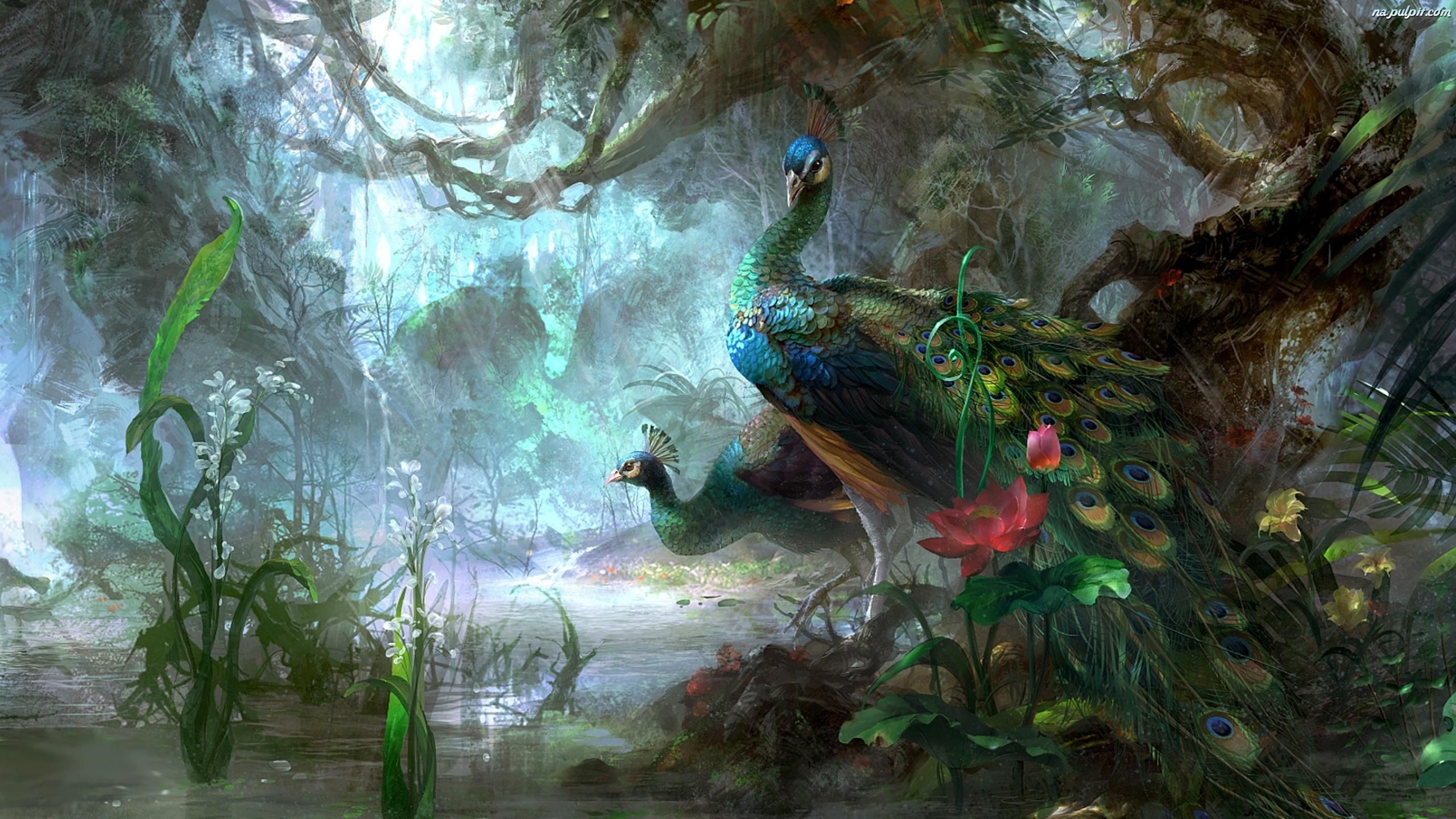 Peacock In Jungle Painting - HD Wallpaper 