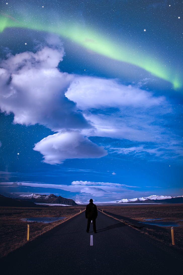 Man Standing On Middle Of The Road Facing At The Back, - Aurora - HD Wallpaper 