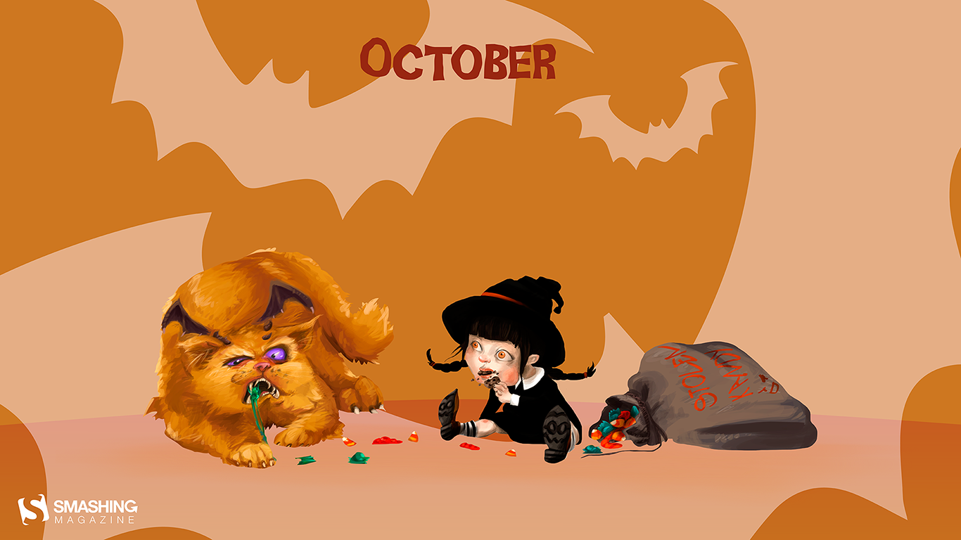 Halloween Wallpaper Candy Tiny Witches And Giant Kittens - Smashing Magazine October 2017 - HD Wallpaper 