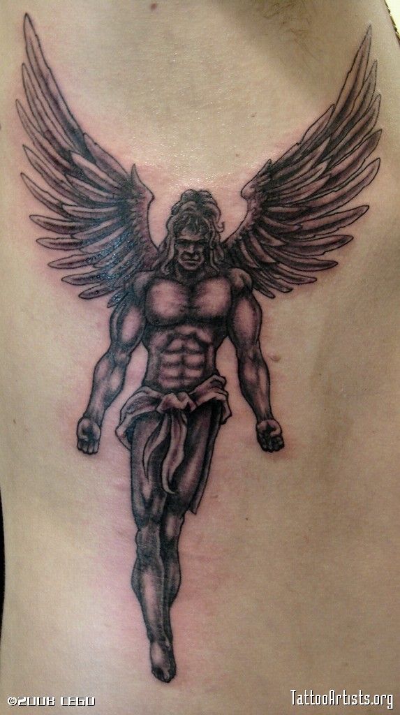 Black Ink Archangel Michael Tattoo On Man Right Side Archangel
