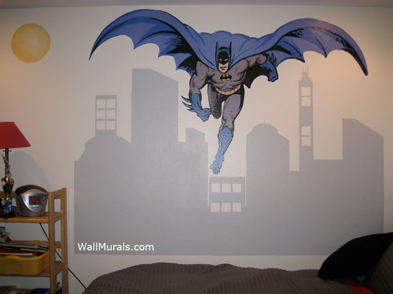 Batman Decal With Painted Cityscape Mural - Batman Painted On Wall - HD Wallpaper 