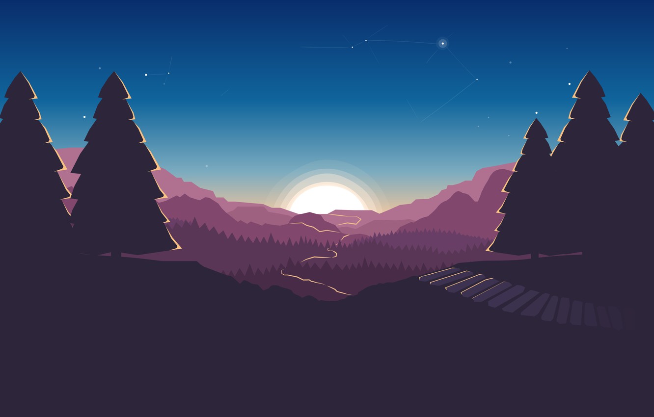 Photo Wallpaper Sunset, The Sun, Mountains, The Game, - Minimalist 4k - HD Wallpaper 