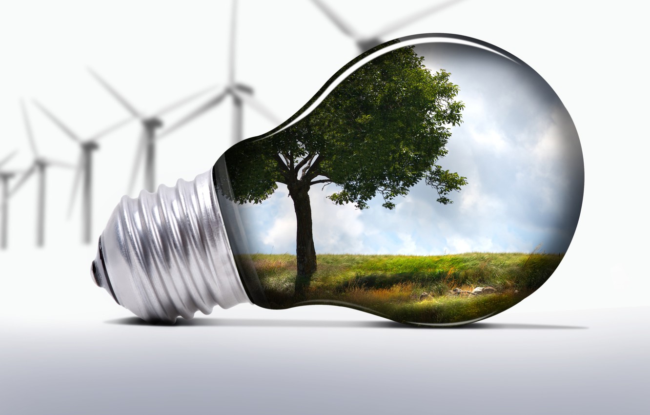 Photo Wallpaper Light Bulb, Nature, Windmills, Ecology - Turn Off Lights Saves Energy - HD Wallpaper 