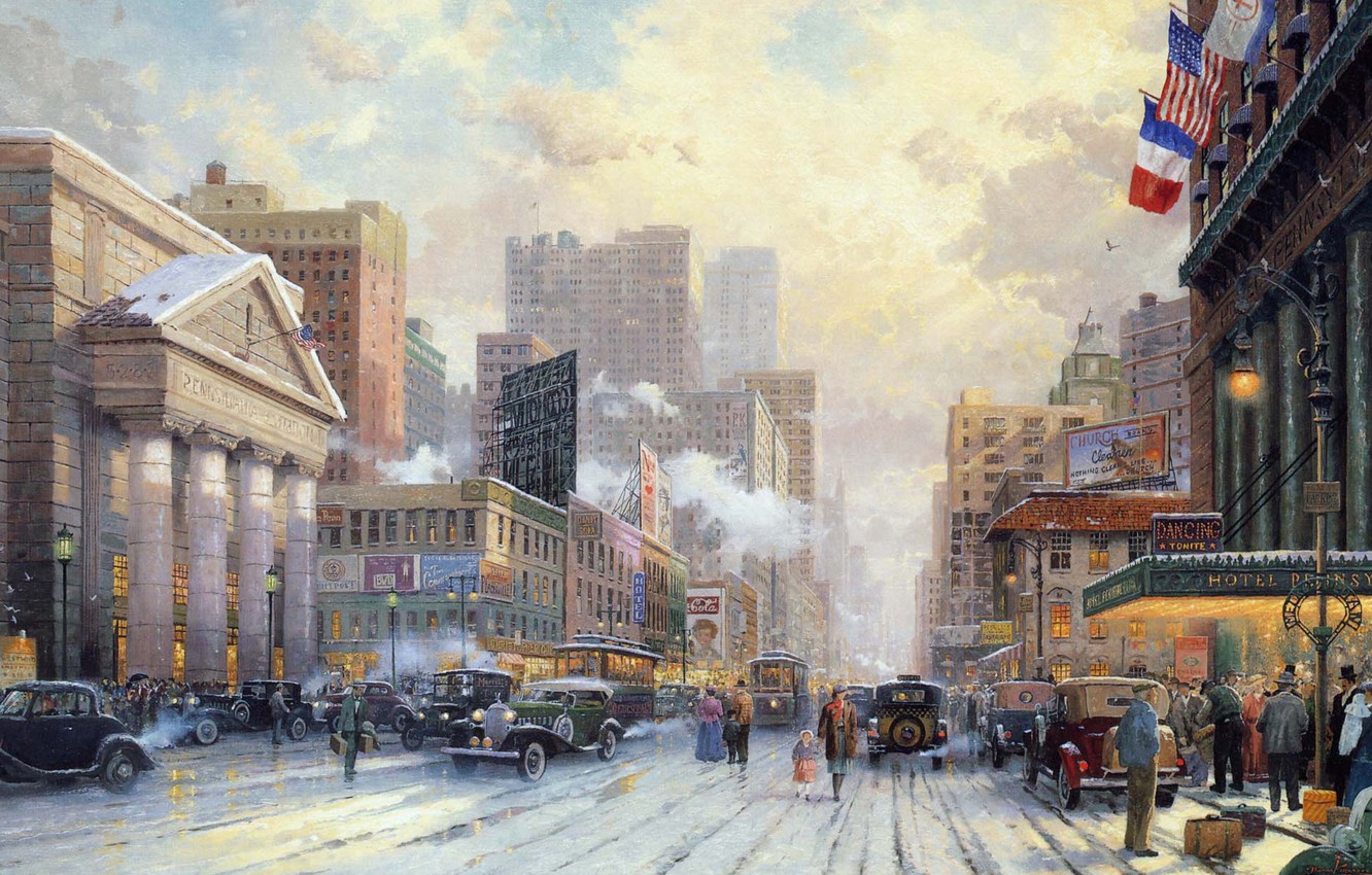 Photo Wallpaper Winter, Snow, Machine, City, The City, - Famous New York Painting - HD Wallpaper 