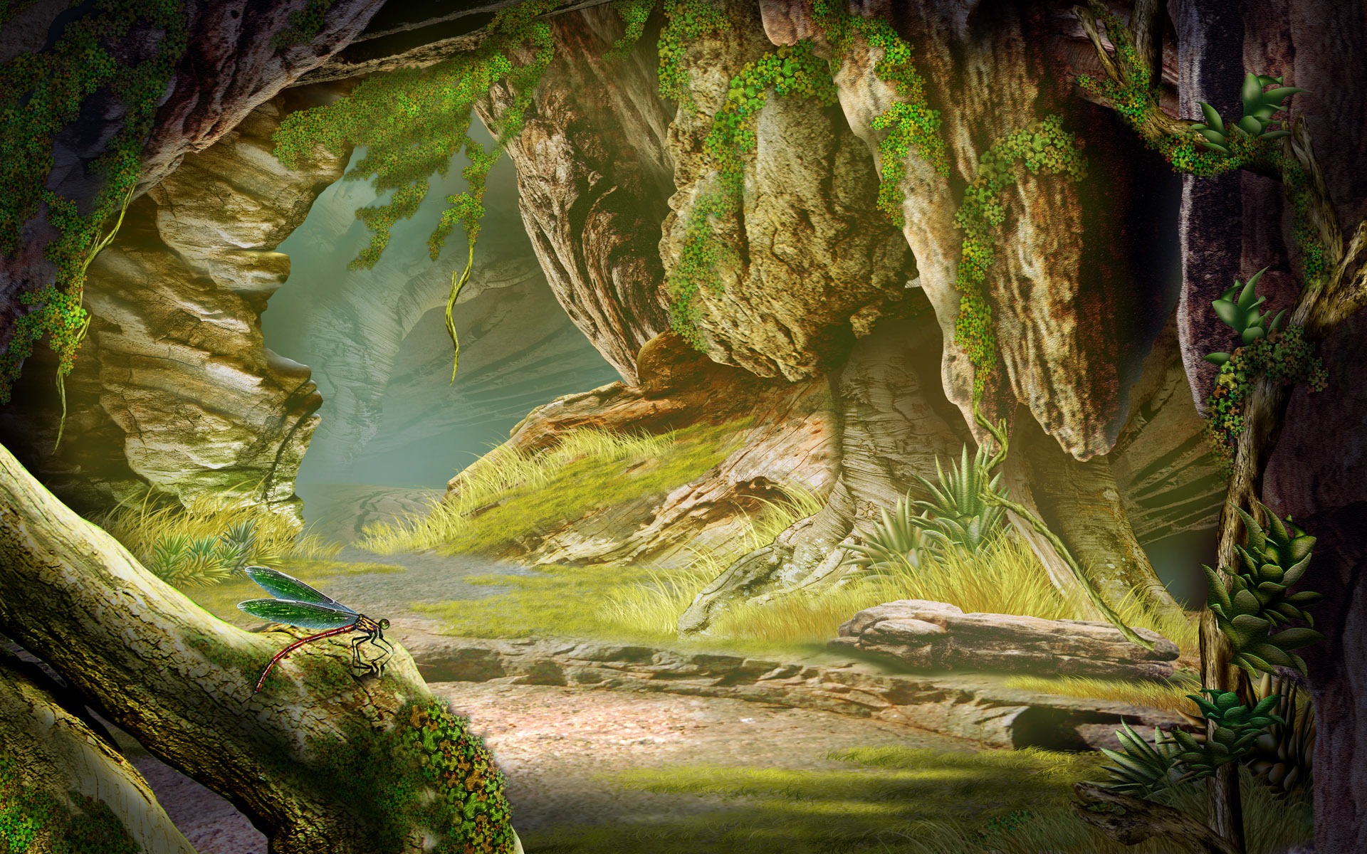 Colorful Hand-painted Wallpaper Landscape Ecology - Outside The Cave - HD Wallpaper 