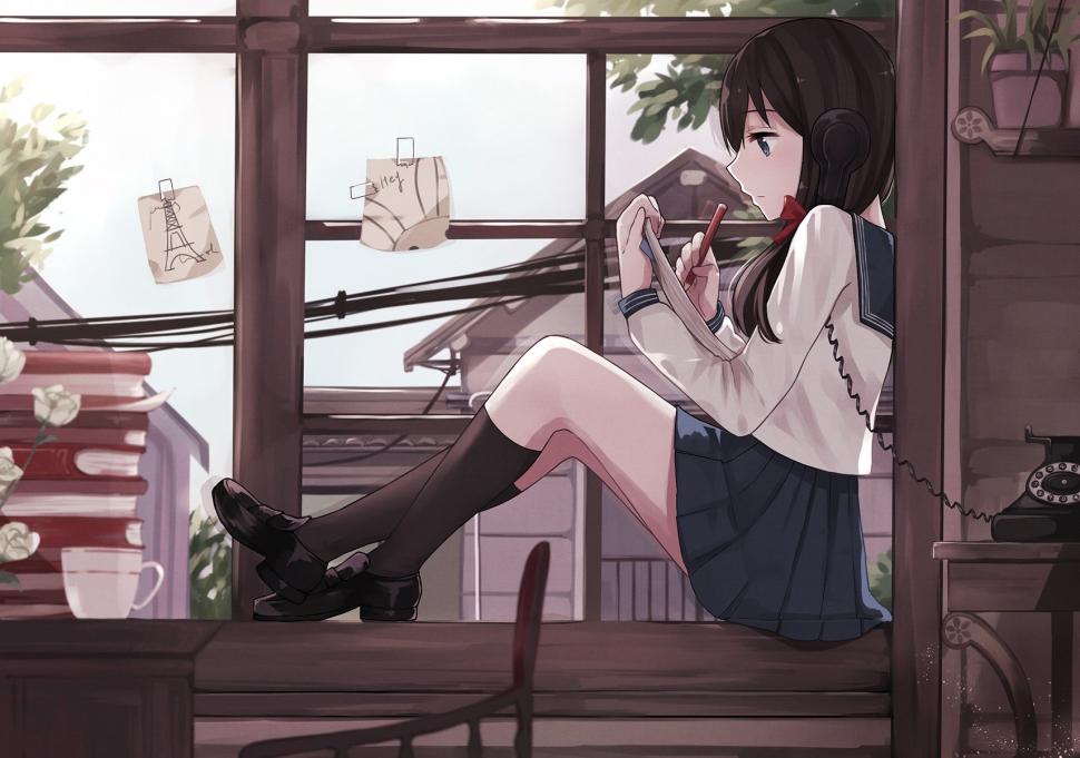 Anime Girls, School Uniform, Phone, Window Wallpaper,anime - Anime Girl Sitting On Window - HD Wallpaper 