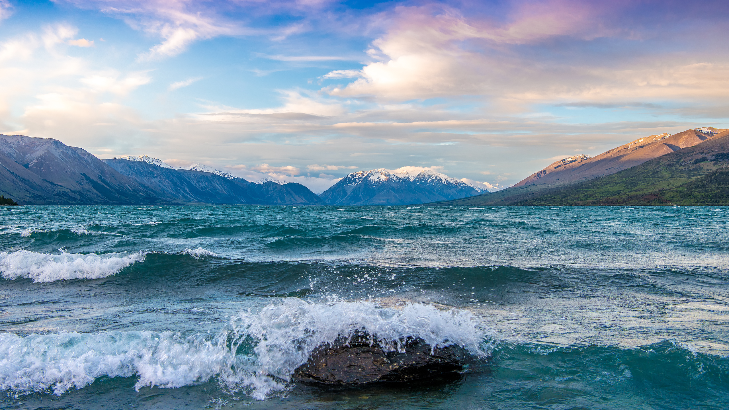 New Zealand, Lake Ohau, Waves, Ripples, Scenery, Mountains, - HD Wallpaper 