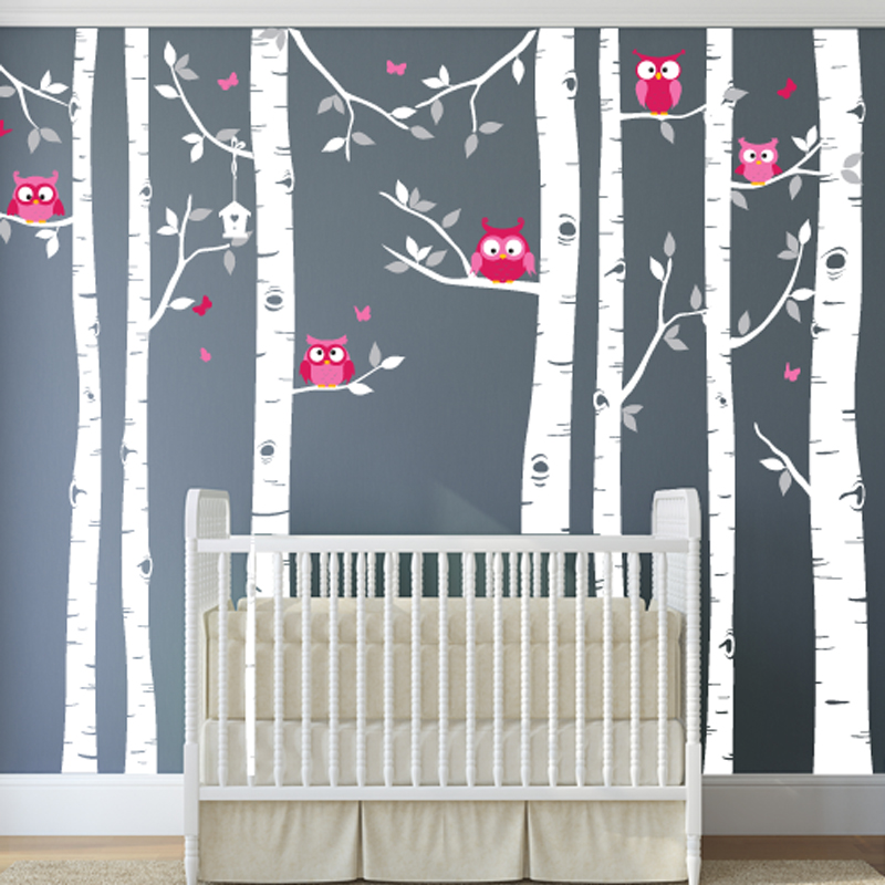 Elegant Birch Tree Wall Art Decal With Owl Butterfly - Birtch Tree And Fox - HD Wallpaper 
