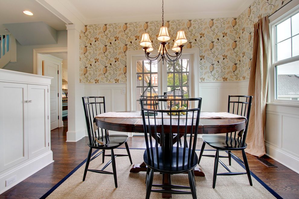 Wainscoting With Wallpaper Dining Room Farmhouse Area - Dining Room - HD Wallpaper 