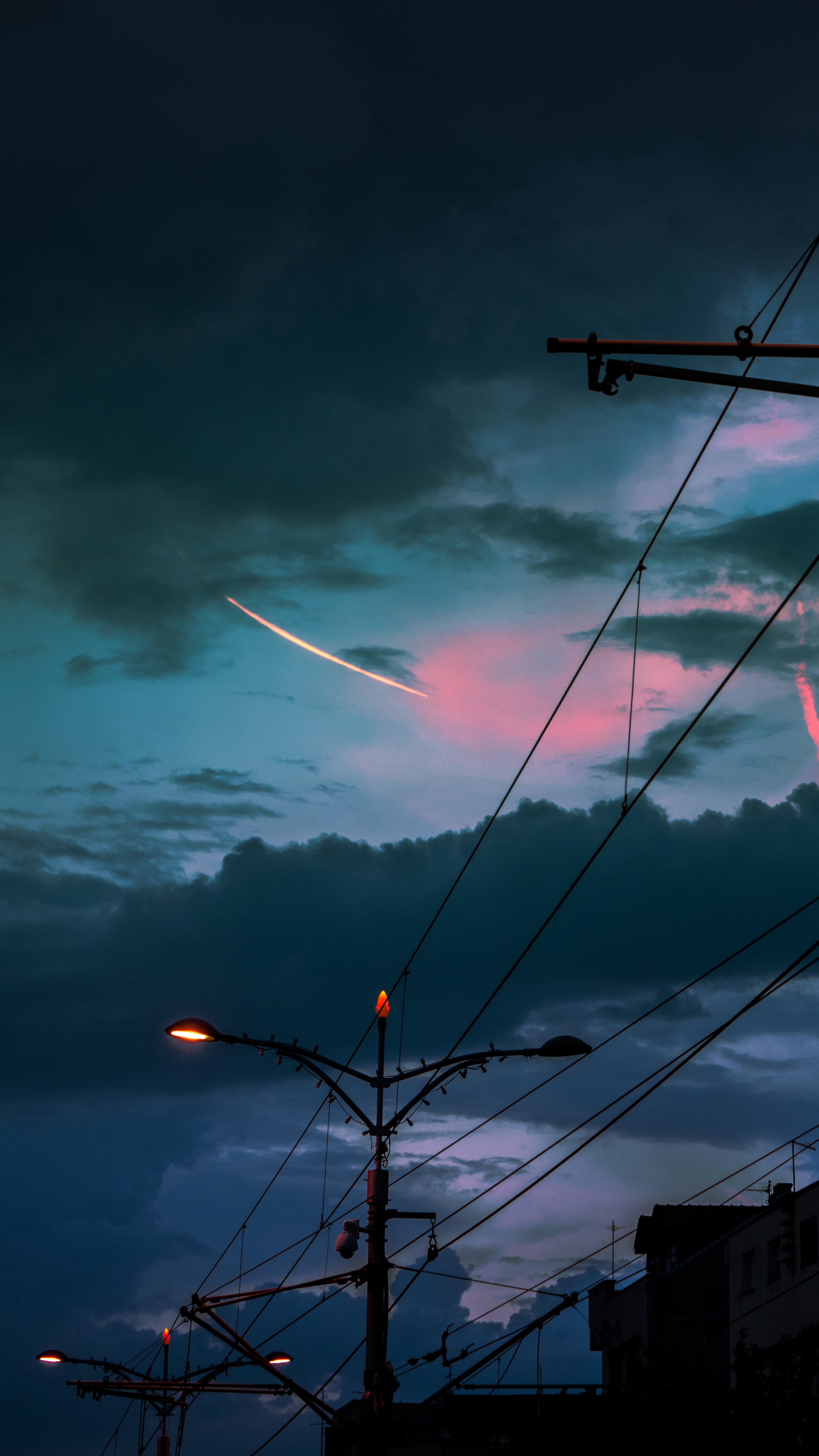 Wallpaper Cable, Poles, Lights, City, Twilight, Dark - Anime Galaxy Sky Electric Poles - HD Wallpaper 